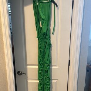 Green Ruched Maxi Tie Dress